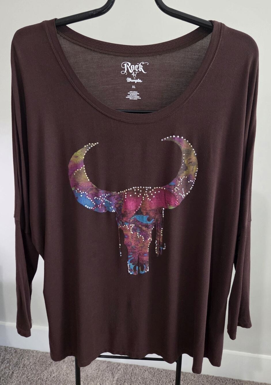 Rock 47 By Wrangler Longhorn Western Trending Size XL Brown Stud Detail Top EUC